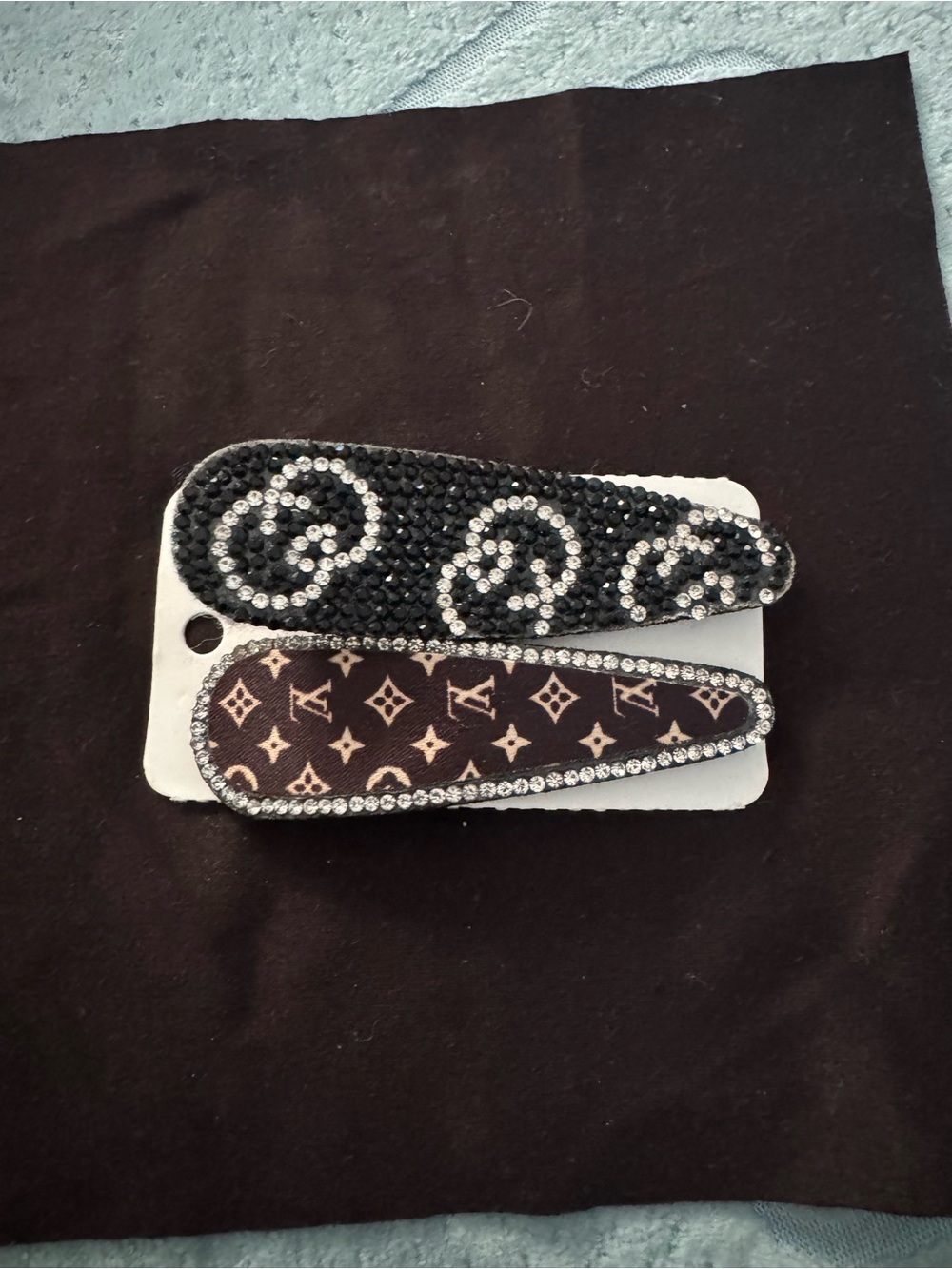 Designer-Inspired Black Rhinestone & Brown Logo Clip Set